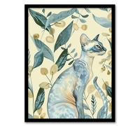 Artery8 Cat Lover Teal Tan Oriental Shorthair Portrait Living Room Artwork Framed Wall Art Print A4