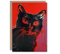Artery8 Cat Lover Vibrant Red Black Retro Horror Portrait Blank For Him Or Her Art Halloween Card