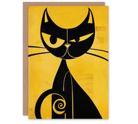 Artery8 Cat Lover Yellow Black Mid Century Modern Design Blank For Him Or Her Art Birthday Card