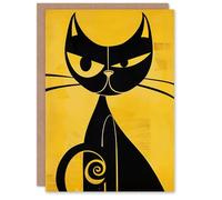 Artery8 Cat Lover Yellow Black Mid Century Modern Design Blank For Him Or Her Art Birthday Card