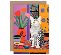 Artery8 Cat Lovers Folk Art Bright Fun for Wife Her Mum Sister Daughter Mom Gran Nan Birthday Thank You Congratulations Blank Art Greeting Card