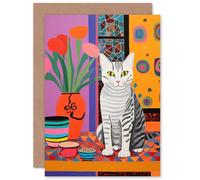 Artery8 Cat Lovers Folk Art Bright Fun for Wife Her Mum Sister Daughter Mom Gran Nan Birthday Thank You Congratulations Blank Art Greeting Card
