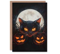 Artery8 Cat & Pumpkins Fun Jack o Lanterns Full Moon Scary Halloween Card in Black Artery8 Black