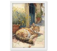 Artery8 Cat Sunbathing in Mediterranean Village Street Watercolour Illustration Artwork Framed Wall Art Print A4 in White Artery8 White