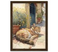 Cat Sunbathing in Mediterranean Village Street Watercolour Illustration Artwork Framed Wall Art Print A4 Artery8 Brown One Size