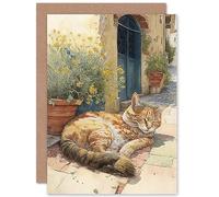 Artery8 Cat Sunbathing in Meditterannean Village Street Watercolour Illustration Art Birthday Sealed Greeting Card Plus Envelope Blank inside