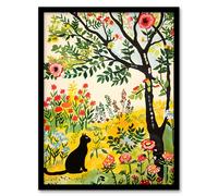 Artery8 Framed Wall Art Cat Under Tree In Wildflowers Folk Art Painting Print - 12X16 Inch
