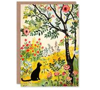 Artery8 Cat Under Tree in Wildflowers Folk Art Painting Greeting Birthday Card Him Her All Blank