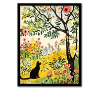 Artery8 Cat Under Tree in Wildflowers Folk Art Painting Living Room Artwork Framed Wall Art Print 18X24 Inch