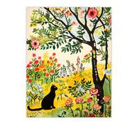 Artery8 Cat Under Tree in Wildflowers Folk Art Painting Wall Art Print | Size: W12" x H16" Artery8 Multicolor W12" x H16"