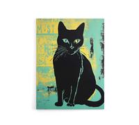 Artery8 Cat Vibrant Linocut Vintage Advert Style Canvas Wall Art Print in Blue | Size: W24" x H32" Artery8 Blue W24" x H32"