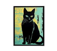 Artery8 Cat Vibrant Linocut Vintage Advert Style Framed Canvas Wall Art Print in Blue | Size: W18" x H24" Artery8 Blue W18" x H24"