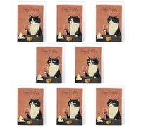 Artery8 Cat & Wine Birthday Cards - Pack of 8 A6 Cards with Envelopes - Whimsical Black & White Cat with Red Wine and Cheese - Ideal for Cat Lovers & Foodies - Blank Inside for Personal Message