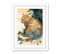 Artery8 Cat with Leaf Pattern Fur Coat Modern Teal and Ochre Illustration Artwork Framed Wall Art Print 18X24 Inch