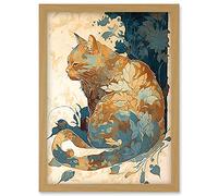 Artery8 Cat with Leaf Pattern Fur Coat Modern Teal and Ochre Illustration Artwork Framed Wall Art Print A4