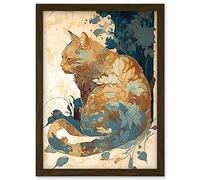 Artery8 Cat with Leaf Pattern Fur Coat Modern Teal and Ochre Illustration Artwork Framed Wall Art Print A4