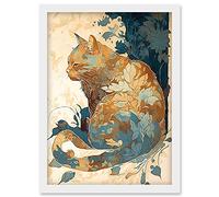 Artery8 Cat with Leaf Pattern Fur Coat Modern Teal and Ochre Illustration Artwork Framed Wall Art Print A4