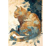 Artery8 Cat with Leaf Pattern Fur Coat Modern Teal and Ochre Illustration Extra Large XL Wall Art Poster Print