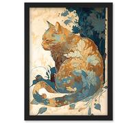 Artery8 Cat with Leaf Pattern Fur Coat Modern Teal and Ochre Illustration Artwork Framed Wall Art Print A4