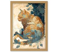 Artery8 Cat with Leaf Pattern Fur Coat Modern Teal & Ochre Illustration Artwork Framed Wall Art Print A4 in Light Oak Artery8 Light Oak