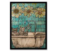 Artery8 Cats in Bathtub Cat Lover Bath Time Sunflower Framed Art Print in Blue | Size: W12" x H16" Artery8 Blue W12" x H16"