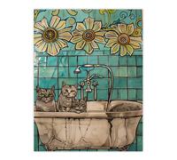 Artery8 Cats in Bathtub Cat Lover Bath Time Sunflower Wall Art Print in Blue | Size: W24" x H32" Artery8 Blue W24" x H32"