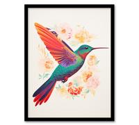Artery8 Caught In Flight By Sofia Francis Bright Hummingbird Amongst The Flowers Nectar Art Print Framed Poster Wall Decor | Size: W12" x H16" Artery8 Black W12" x H16"