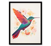 Caught In Flight By Sofia Francis Bright Hummingbird Amongst The Flowers Nectar Art Print Framed Poster Wall Decor Artery8 Black A4