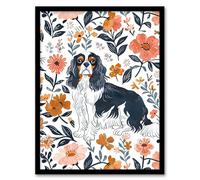 Artery8 Cavalier King Charles Spaniel in Floral Pattern Living Room Artwork Framed Wall Art Print A4