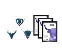 Artery8 Celestial Scottish Wall Art - Set of 3 A4 Sized Art with Black Frames - Ink Splat Thistle Heart Flower Hairy Coo Cow and Stag Space Painting