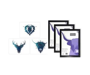 Artery8 Celestial Scottish Wall Art - Set of 3 A4 Sized Art with Black Frames - Ink Splat Thistle Heart Flower Hairy Coo Cow and Stag Space Painting