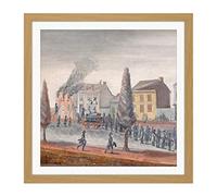 Artery8 Chappel New York Fighting A Fire 1870 Painting Square Wooden Framed Wall Art Print Picture 16X16 Inch