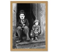 Charlie Chaplin The Kid Photo Silent Movie Still A4 Artwork Framed Wall Art Print Artery8 Light Oak One Size