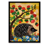Charming Hedgehog Under Tree Flowers Folk Art Framed Art Print Artery8 Yellow A4