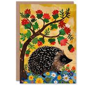 Artery8 Charming Hedgehog Under Tree Flowers Folk Art Greeting Birthday Card Him Her All Blank