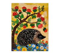 Charming Hedgehog Under Tree Flowers Folk Art Wall Art Print Artery8 Yellow W18 inch x H24 inch