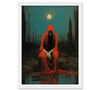 Artery8 Charon in Red Cloak Beksinski Inspired Conceptual Artwork Full Moon Barren Landscape Artwork Framed Wall Art Print A4