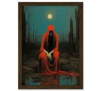 Artery8 Charon in Red Cloak Beksinski Inspired Conceptual Artwork Full Moon Barren Landscape Artwork Framed A3 Wall Art Print