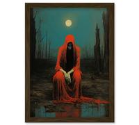 Artery8 Charon in Red Cloak Beksinski Inspired Conceptual Artwork Full Moon Barren Landscape Artwork Framed Wall Art Print A4