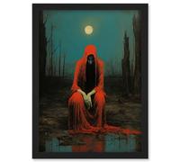 Artery8 Charon in Red Cloak Beksinski Inspired Conceptual Artwork Full Moon Barren Landscape Artwork Framed Wall Art Print A4