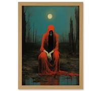 Artery8 Charon in Red Cloak Beksinski Inspired Conceptual Artwork Full Moon Barren Landscape Artwork Framed A3 Wall Art Print