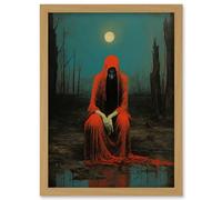 Artery8 Charon in Red Cloak Beksinski Inspired Conceptual Artwork Full Moon Barren Landscape Artwork Framed Wall Art Print A4