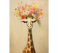 Artery8 Cheerful Giraffe with Wildflower Bouquet Hat Spring Camouflage Whimsical Oil Painting Nursery Extra Large XL Wall Art Poster Print