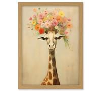 Artery8 Cheerful Giraffe with Wildflower Bouquet Hat Spring Camouflage Whimsical Oil Painting Nursery Artwork Framed A3 Wall Art Print