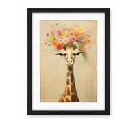Artery8 Cheerful Giraffe with Wildflower Bouquet Hat Spring Camouflage Whimsical Oil Painting Nursery Artwork Framed Wall Art Print 18X24 Inch