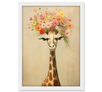 Artery8 Cheerful Giraffe with Wildflower Bouquet Hat Spring Camouflage Whimsical Oil Painting Nursery Artwork Framed A3 Wall Art Print