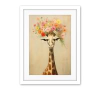 Artery8 Cheerful Giraffe with Wildflower Bouquet Hat Spring Camouflage Whimsical Oil Painting Nursery Artwork Framed Wall Art Print 18X24 Inch