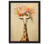 Artery8 Cheerful Giraffe with Wildflower Bouquet Hat Spring Camouflage Whimsical Oil Painting Nursery Artwork Framed A3 Wall Art Print