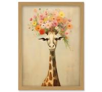 Artery8 Wall Art Print Cheerful Giraffe with Wildflower Bouquet Hat Spring Camouflage Whimsical Oil Painting Nursery Artwork Framed A4 in Light Oak Artery8 Light Oak A4