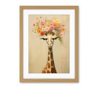 Artery8 Cheerful Giraffe with Wildflower Bouquet Hat Spring Camouflage Whimsical Oil Painting Nursery Artwork Framed Wall Art Print 18X24 Inch